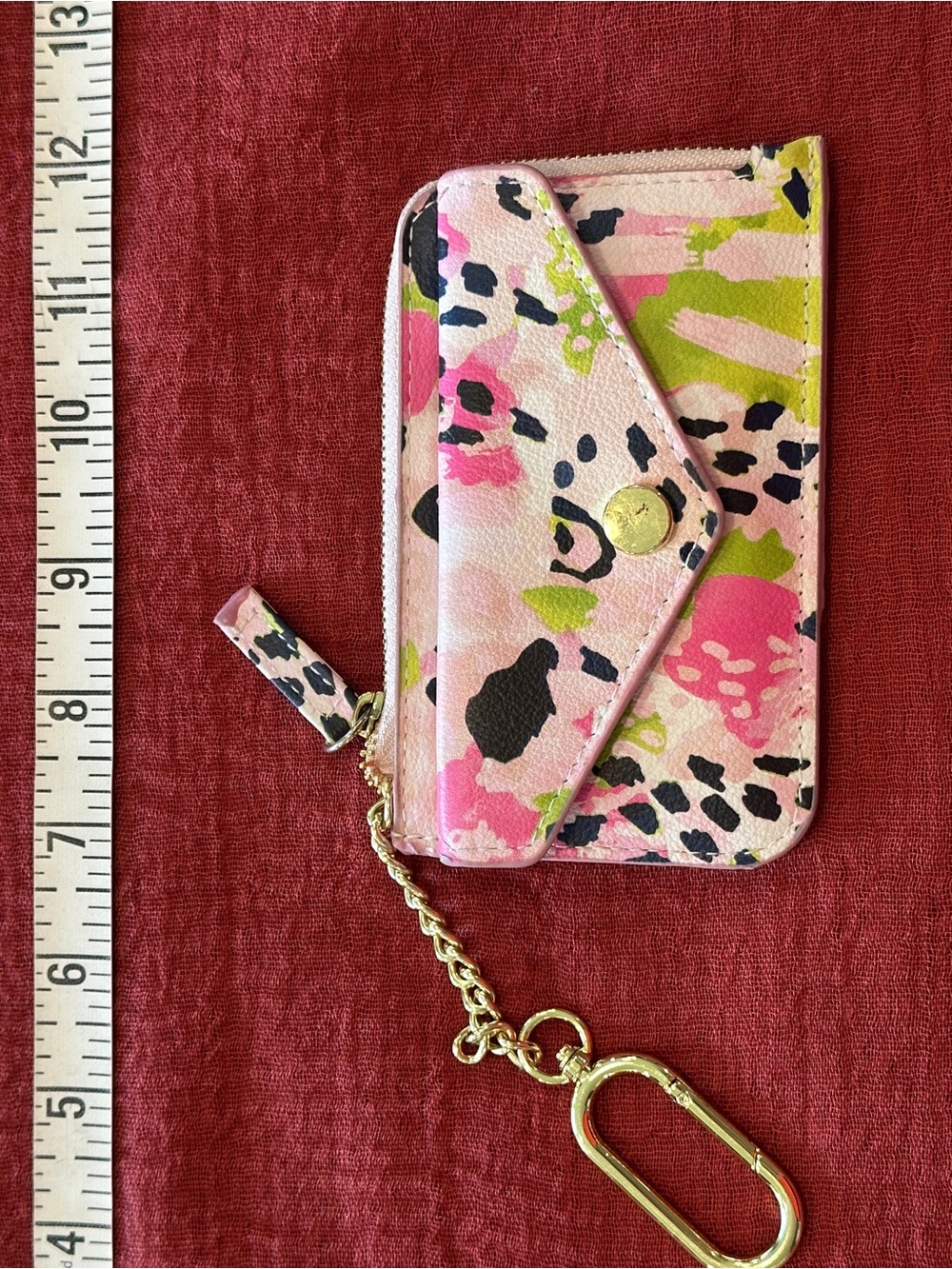 Pink Floral Card Wallet Keychain with Gold Hardware